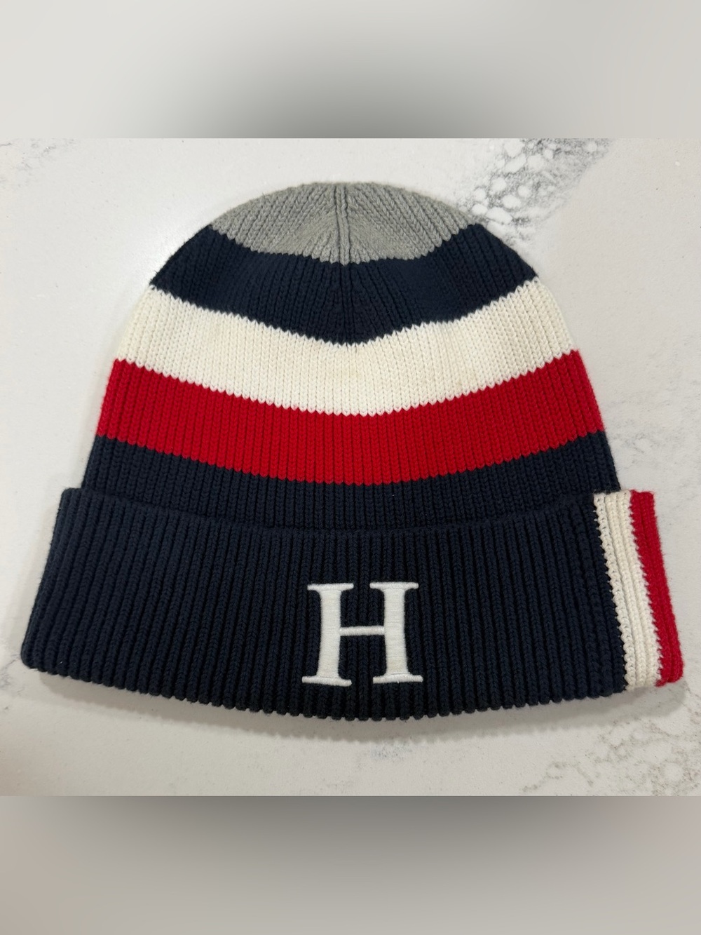 Tommy Hilfiger - Beanie Hat Cuffed | Striped w/ Logo | Blue, Red, White & Gray